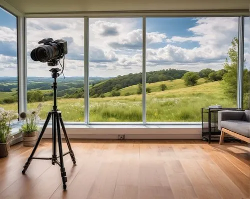 the living room of a photographer,view panorama landscape,oticon,electrochromic,home landscape,viewshed,smart home,virtual landscape,wooden windows,dialogue window,modern room,hardwood floors,window curtain,modern decor,contemporary decor,glass wall,windowblinds,passivhaus,microstock,smart house,Illustration,Paper based,Paper Based 03