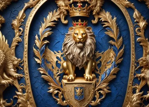 Noble family crest, gold and blue colors, intricate designs, shield shape, lion and eagle supporters, crown on top, detailed fur texture, majestic atmosphere, ornate frame, embossed metal material, so