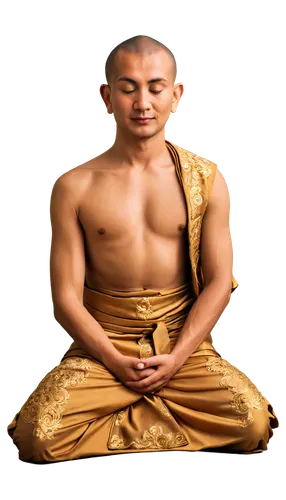 Buddha, meditating, serene face, half-closed eyes, peaceful expression, shaved head, monk robes, golden embroidery, intricate designs, sitting cross-legged, lotus position, subtle smile, warm lighting