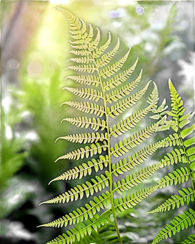 Fern plant, green fronds, delicate leaves, intricate veins, soft focus, natural light, morning dew, 3/4 composition, shallow depth of field, warm color tone, cinematic lighting, macro shot, close-up v