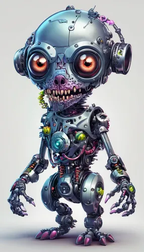 Design a cute cartoon about zombie pets and their adventures.,endoskeleton,humanoid,child monster,minibot,scrap collector,skull allover,game illustration,a voodoo doll,robot,anthropomorphized,cybernet