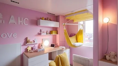 Girls' bedroom
Bright colors, pastel pink and white, minimal style
There is a window 
There is a hammock hanging by the window 
Light gray wooden floor
Light pink walls 
Pink and white bedspread and l