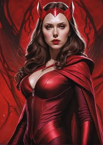 scarlet witch,red,devil,evil woman,red super hero,red cape,wanda,lady in red,fantasy woman,goddess of justice,vampire woman,femme fatale,avenger,red tunic,cg artwork,red double,candela,archangel,head woman,super heroine,Illustration,Realistic Fantasy,Realistic Fantasy 07