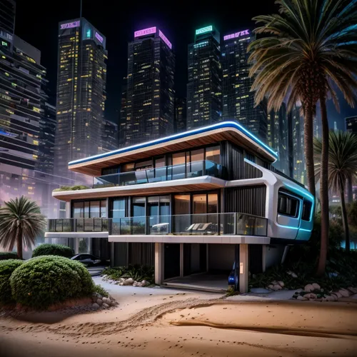 night neon light .  cyber punk  house bionic style and zeekr car to the parking
,futuristic architecture,dunes house,modern architecture,futuristic art museum,dhabi,luxury real estate,luxury property,