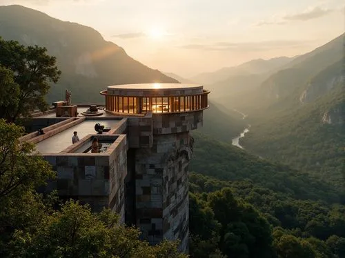 Panoramic watchtower, rugged mountainous terrain, lush green forests, winding hiking trails, scenic overlooks, rustic stone walls, wooden observation decks, telescopes, binoculars, panoramic windows, 