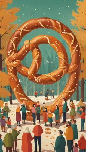 Write a heartwarming scene of a family gathering, where they share laughter and a giant pretzel.,donut illustration,oktoberfest background,pretzel,winter festival,pretzels,autumn icon,oktoberfest,than