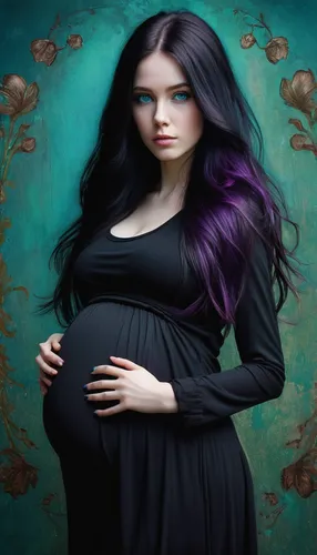 English girl with a long dark hair with purple highlights, pale oval face, turquoise eyes, 7 months pregnant, wearing black outfit Pregnant,Background,HQ,Detailed Faces,pregnant woman icon,pregnant wo