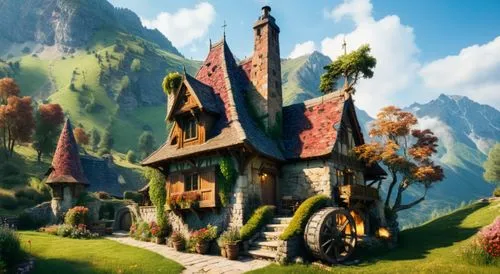 house from the movie beauty and the beast, real, photographic quality, photography, real style, With a mill wheel on the right side of the house and a well in front, it is located in a mountain meadow