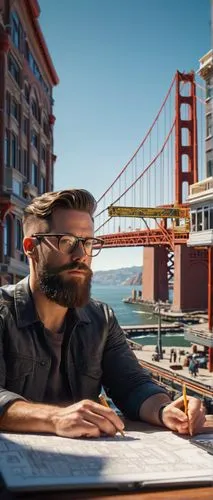 Modern architectural designer, male, 30s, casual wear, glasses, beard, holding pencil, standing, San Francisco, Fisherman's Wharf, sunny day, clear blue sky, seagulls flying overhead, Golden Gate Brid