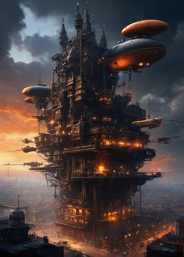 airships,scifi,sci fiction illustration,futuristic landscape,science fiction,science-fiction,sci-fi,sci - fi,sci fi,futuristic architecture,very large floating structure,airship,post-apocalyptic landscape,sky space concept,space port,saucer,atomic age,space station,ancient city,fantasy city,Photography,General,Fantasy