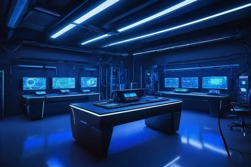 sci fi surgery room,computer room,ufo interior,the server room,control center,blue room,computer desk,computer workstation,blue light,control desk,modern office,visual effect lighting,game room,neon human resources,research station,aqua studio,spaceship space,working space,secretary desk,fractal design,Illustration,Retro,Retro 17