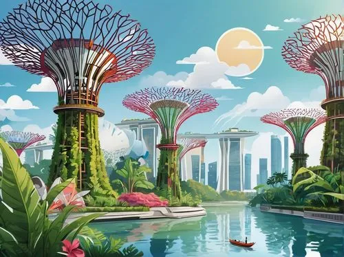 mushroom landscape,futuristic landscape,mushroom island,ecotopia,garden by the bay,singapore,flower dome,singapura,fairy world,terraformed,fantasy city,cartoon forest,gardens by the bay,fantasy landscape,megapolis,biomes,habitats,bird kingdom,biopiracy,floating islands,Unique,Design,Sticker