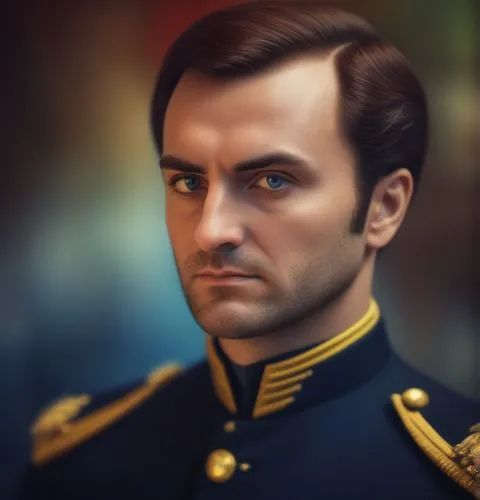 man with prominent sideburns, short military-style hair, long nose, blue eyes and deep gaze.
No hat, no beard, no mustache,admiral von tromp,napoleon bonaparte,yuri gagarin,orders of the russian empir