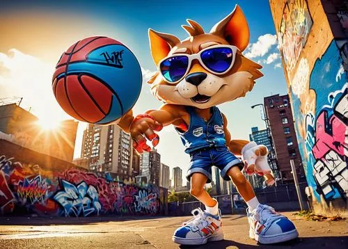 Anthropomorphic animal, standing upright, wearing sunglasses, blue denim shorts, white sneakers, holding a basketball, urban cityscape, graffiti walls, sunset warm light, dramatic shadows, 3/4 composi