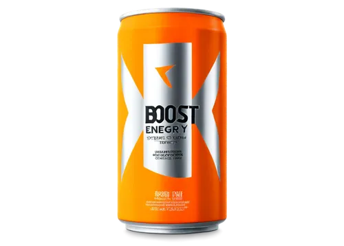 Boost energy drink, colorful can, silver metal, rounded shape, vibrant orange background, detailed label, shiny reflective surface, studio lighting, 3/4 composition, shallow depth of field, product ph