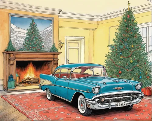 Write a cozy winter scene where a retro Chevrolet parked beside a glowing fireplace is beautifully complemented by a charming Christmas tree,retro chevrolet with christmas tree,christmas retro car,chr