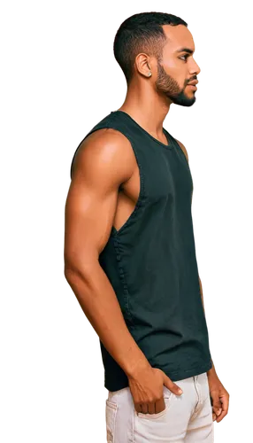 African American, male, side profile, strong facial features, short black hair, trimmed beard, dark brown eyes, nose ring, earrings, muscular neck, shoulder visible, sleeveless shirt, denim jeans, sne