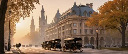 Modern Albert architecture, grand stone building, ornate facades, symmetrical composition, large dome roof, intricate stonework details, Gothic Revival style, urban cityscape, busy streets, morning fo