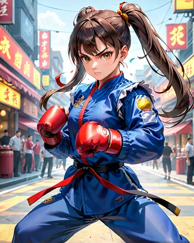 The girl in the fighting suit, with her superior martial arts skills and her double ponytailed, balled-up hair,sanshou,martial arts uniform,japanese martial arts,martial arts,taekkyeon,karate,katana,j