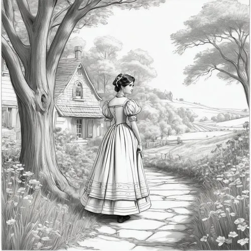 woman walking,maidservant,avonlea,girl walking away,crinoline,housemaid,Illustration,Black and White,Black and White 08