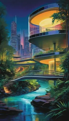 futuristic landscape,futuristic architecture,futuristic art museum,autopia,arcology,futuristic,guangzhou,cybercity,cybertown,hypermodern,riverwoods,dubai garden glow,futurist,monorail,biopolis,fantasy city,ecotopia,modernism,rainbow bridge,vdara,Conceptual Art,Oil color,Oil Color 04