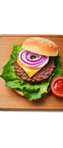 Juicy beef patty, sesame seed bun, melted cheddar cheese, crispy lettuce, thin tomato slice, red onion ring, mayonnaise dollop, ketchup streak, wooden cutting board, overhead shot, appetizing close-up