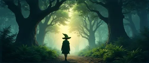 world digital painting,forest walk,forest background, silhouette,silhouette of man,forest path