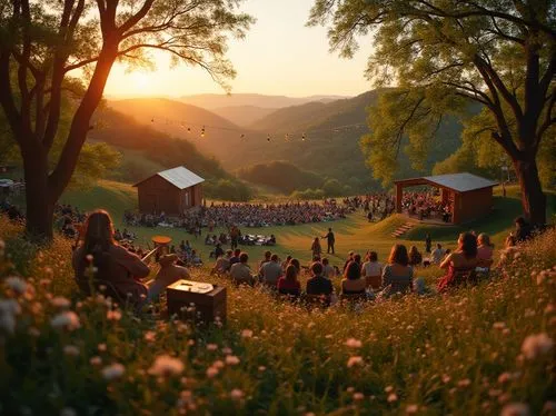 Grassland music venue, outdoor concert, sunset time, golden hour, gentle breeze, natural amphitheater, rolling hills, wildflowers blooming, stage surrounded by tall trees, rustic wooden fences, vintag