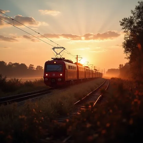 A red train is running on the tracks in a wide field in the early morning. The sunlight is soft and beautiful.,a train traveling on tracks with the sun in the background,rzd,eurobahn,eurotrain,tgv,bah