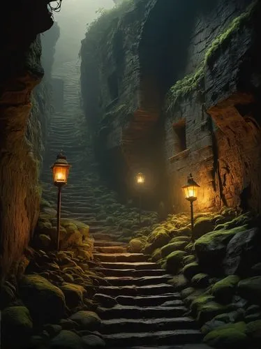 the mystical path,caves,dungeon,caverns,the path,cavern,hollow way,undermountain,cave,stone stairway,path,winding steps,pathway,spelunking,dungeons,passageway,levada,cave tour,hiking path,descent,Illustration,Japanese style,Japanese Style 08