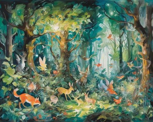 forest landscape,forest floor,forest glade,forest background,forest animals,woodland animals,happy children playing in the forest,the forest,forest,hunting scene,woodland,enchanted forest,the forests,in the forest,fairy forest,forest of dreams,forests,young-deer,forest ground,rainforest,Conceptual Art,Oil color,Oil Color 18