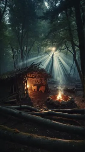 campfire,wood doghouse,wooden hut,campfires,house in the forest,wooden sauna,log home,campsite,log cabin,camp fire,log fire,iron age hut,fantasy picture,foggy forest,fantasy landscape,forest landscape