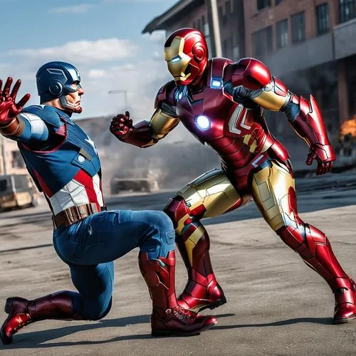 iron man kicks captain america,two actors in costume playing together in the street,civil war,avenging,megafight,refight,marvel comics,avenge,fighting poses,batroc,brawl,vibranium,brawling,marvel figu