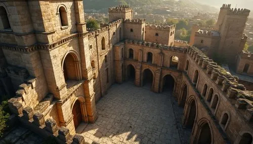 Romanesque architecture, medieval style, stone buildings, rough-hewn stones, granite blocks, arched windows, ornate carvings, intricate stonework, weathered facade, rusticated quoins, ashlar walls, ri