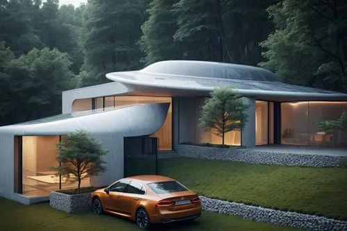 FLOOR PLAN SET WITH GRASS AND TREE DETAILS,an orange car sitting in front of a home,folding roof,3d rendering,cubic house,prefab,electrohome,metal roof,Photography,General,Sci-Fi