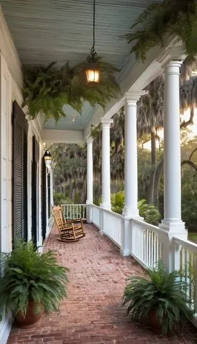 Lowcountry architecture, grand mansion, white pillars, wide porch, wooden rocking chairs, hanging ferns, pastel-colored shutters, brick walls, clay roof tiles, Spanish moss-covered oak trees, serene l