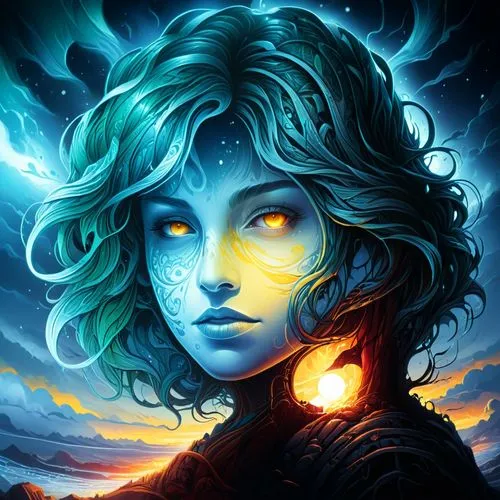 a woman with yellow eyes and a crescent in her hair,cortana,fantasy portrait,leota,nausicaa,transistor,konia,Illustration,Realistic Fantasy,Realistic Fantasy 25