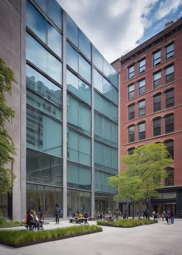 NYU Department of Art, Architecture and Urban Design building, modern architectural style, glass facade, steel frames, abstract sculptures in front, students chatting outside, backpacks, laptops, note