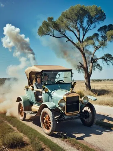 Mrs. Clara Jane Ford is at the center of the action. She is driving a Ford (Model T) through a Texan landscape, its dark green paint reflecting the bright sunlight. The intricate details of the old ca