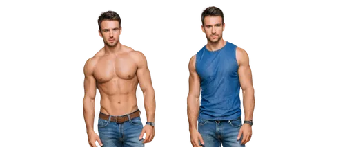 Muscular man, tight-fitting shirt, sleeveless, ripped arms, chest muscles visible, strong jawline, messy short hair, intense gaze, standing pose, relaxed shoulders, denim jeans, boots, casual atmosphe