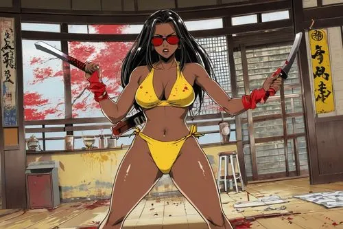 illustration cartoon, one person, a single curvy woman model african ungry, huge bosoms with wide hips and long straight hair, body with sweat shine, using sunglasses, clothes yellow bikini kill bill 