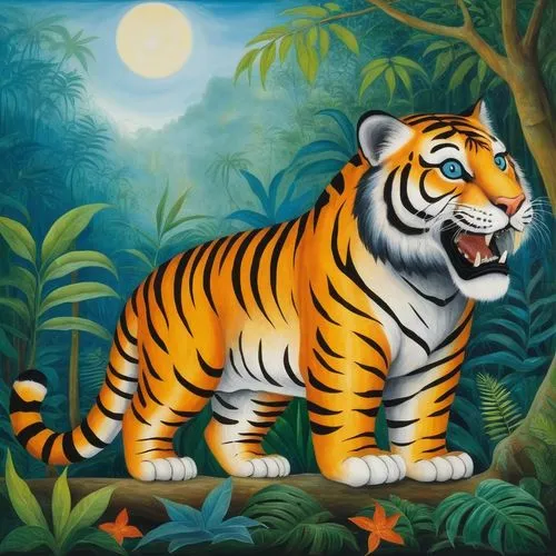 An majestic Tiger with 2 large teeth, blue eyes. The background is a rainforrest.,painting of a tiger in a jungle setting,a tiger,bengal tiger,tiger png,asian tiger,harimau,tigers,Illustration,Abstrac