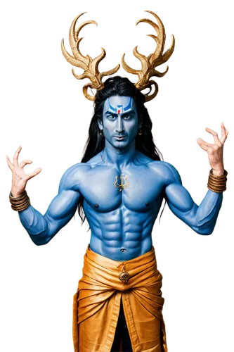 Lord Shiva, blue skin, muscular body, multiple arms, serpent around neck, third eye on forehead, ash smeared face, long hair, golden jewelry, intricate tattoos, fierce expression, powerful stance, dyn