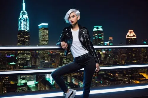 Futuristic, modern design concept, solo, model, woman, (25yo), short silver hair, bold eyebrows, minimal makeup, black leather jacket, white tank top, skinny jeans, sneakers, confident pose, hands on 