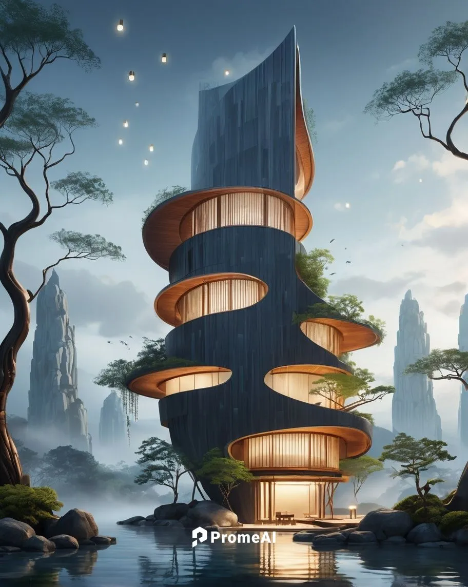 background,tree house hotel,asian architecture,japanese architecture,tree house,futuristic architecture,chinese architecture,cube stilt houses,floating island,futuristic landscape,eco hotel,floating i