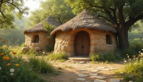 fairy house,ancient house,fairy village,thatched cottage,wooden hut,hobbiton,summer cottage,miniature house,little house,home landscape,huts,fairy door,mushroom landscape,house in the forest,small house,wooden house,shire,straw hut,wood doghouse,round hut,Photography,General,Realistic