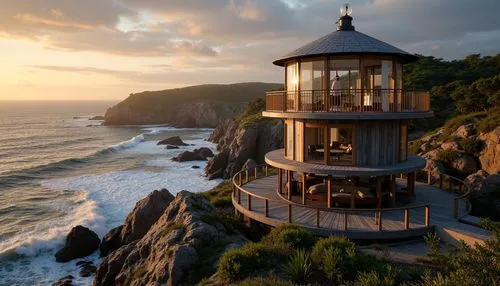 Watchtower on rocky coastline, rugged cliffside, crashing ocean waves, salty sea air, nautical themed architecture, weathered wooden decks, rusty metal railings, lantern-style lighting, circular obser