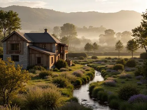 Rustic rural landscapes, rolling hills, wooden farmhouses, stone cottages, thatched roofs, clay tile exteriors, natural stone walls, reclaimed wood accents, earthy color palettes, weathered metal deta