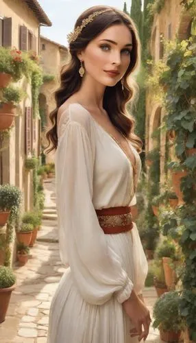 a young woman in a white dress is posing for the camera,simony,marzieh,persia,tahiliani,sheherazade,rome 2,poppaea,anastasiadis,yezidi,zoroastrian novruz,theed,assyrian,bumaya,dorne,girl in a long dre