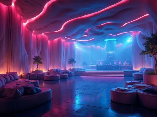 Futuristic nightclub, innovative sand-casted materials, glowing neon lights, iridescent walls, undulating curves, metallic accents, DJ booth, dance floor, strobe lights, fog machines, VIP lounge, plus